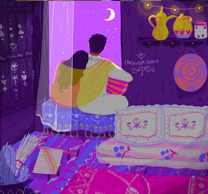 Each of her artworks embodies the deep emotional side of the Saudi community’s daily life, interpreted into a magical swirl of artistry portraying characters, events and stories. (Supplied)