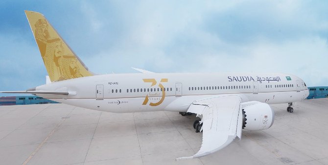 To commemorate Saudi Arabia’s 91st National Day, the plane was wholly repainted to look the same as the company’s planes of the 1980s and 1990s, which had an old green slogan – the company’s logo from 1981 to 1996. (Supplied)