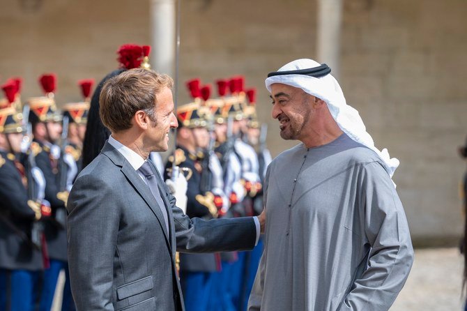 Abu Dhabi’s crown prince and France’s president meet in Paris on September 15, 2021. (@MohamedBinZayed)