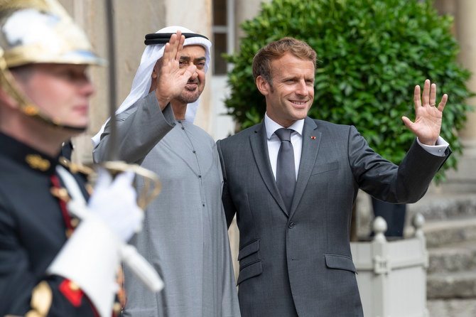 Abu Dhabi’s crown prince and France’s president meet in Paris on September 15, 2021. (@MohamedBinZayed)