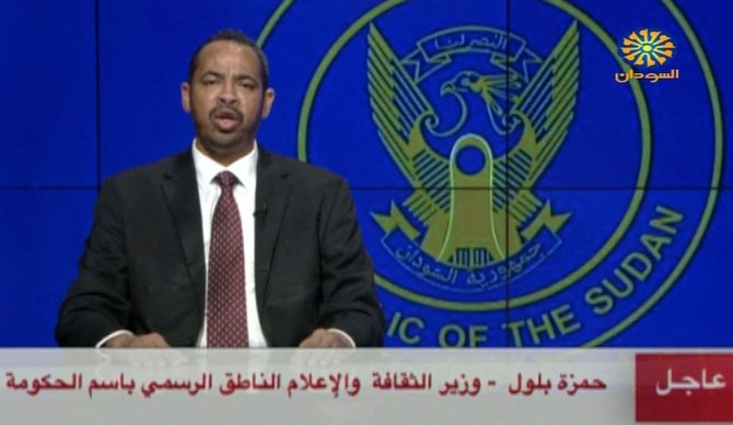 Above, Sudan information minister Hamza Baloul in an image grab from Sudan TV announces that the coup attempt was thwarted and those behind it ‘brought under control.’ (Sudan TV/AFP)