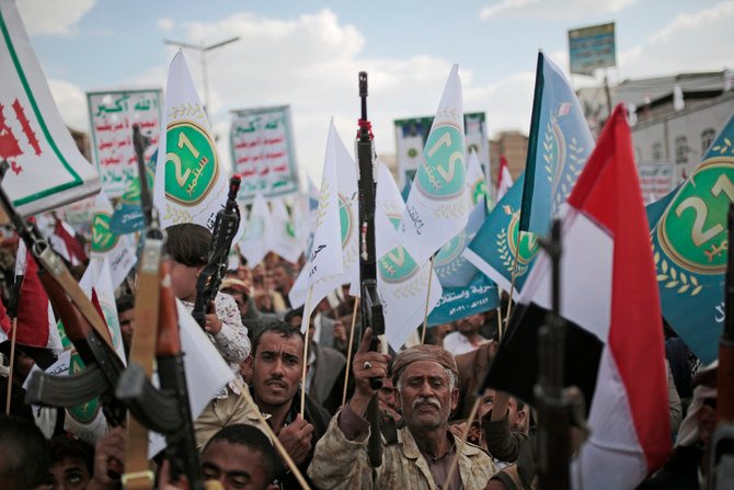 Houthis attend a rally in Sanaa on Sept. 21, 2021 to mark the 7th anniversary of their takeover of the Yemeni capital. (AP Photo/Hani Mohammed)