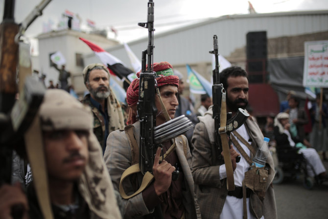 Houthi supporters gather in Sanaa on Sept. 21, 2021 to celebrate the seventh anniversary of their takeover of the Yemeni capital. (AP Photo/Hani Mohammed)