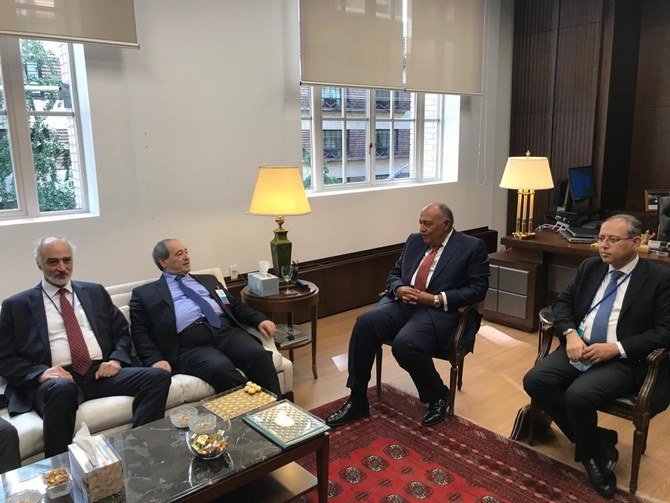 Egyptian FM Sameh Shoukry meets with his Syrian counterpart Faisal Mekdad on the sidelines of the UNGA. (@MfaEgypt)