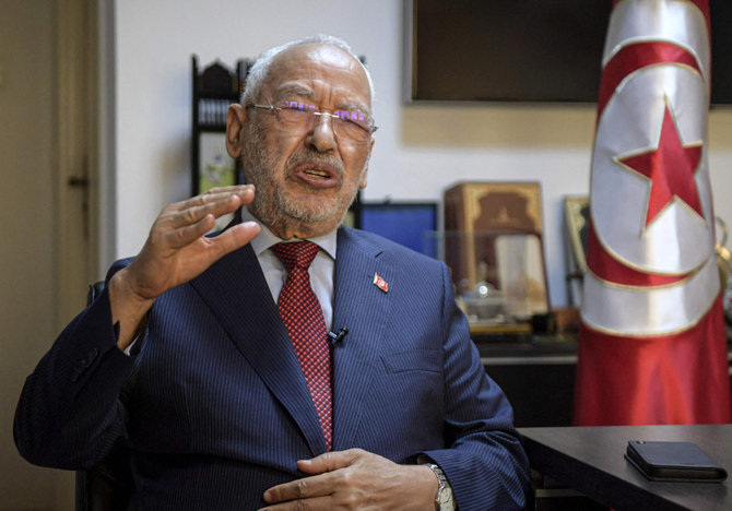 Tunisia's parliament speaker and Ennahdha party leader Rached Ghannouchi speaks during an interview at his office in the capital Tunis, on Sept. 23, 2021. (AFP)