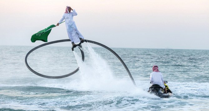 With the right balance and push, the board allows users to climb out of the water and fly, and one Saudi flyboard instructor can show you how it is done. (Supplied)