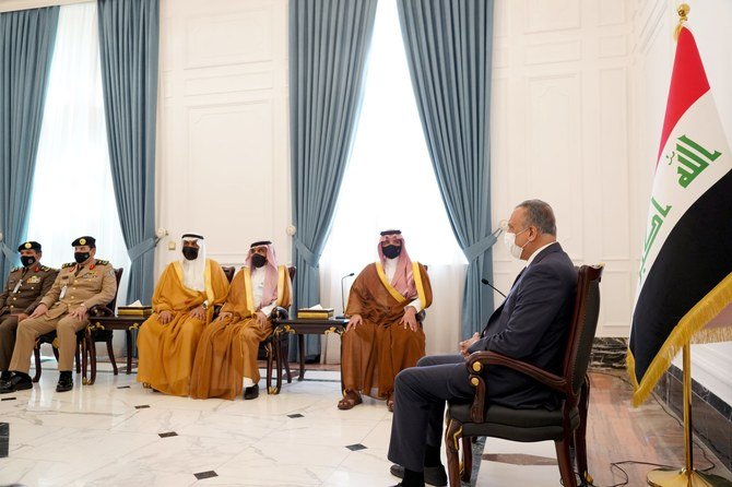 Iraqi Prime Minister Mustafa Al-Kadhhimi receives Saudi Minister of Interior Prince Abdul Aziz bin Saud bin Naif in Baghdad. (Twitter/@MAKadhimi)