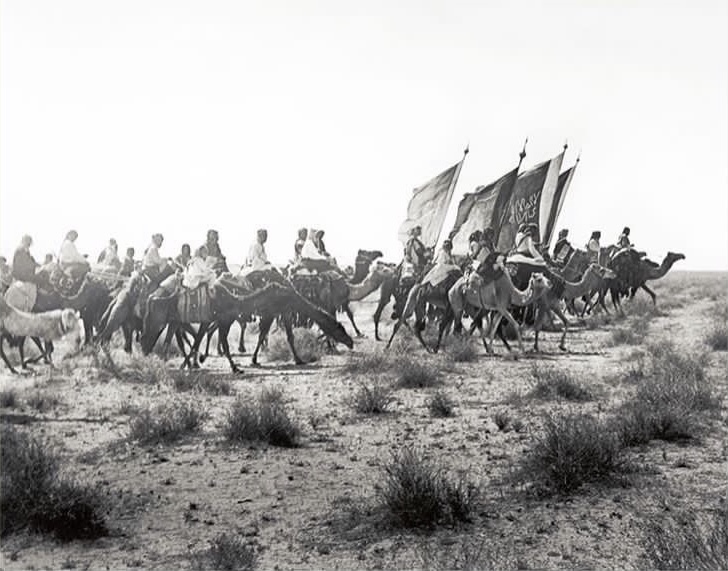 A photograph of the army of Abdulaziz on the march, photographed by British envoy Captain Shakespeare near Thaj in March 1911. (Photo by W.H.I. Shakespeare /Royal Geographical Society via Getty Images) 