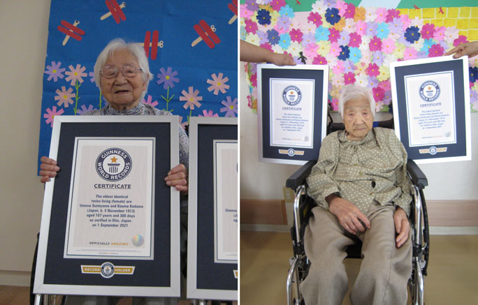 Umeno (left) and Koume with their official certificates. (Picture courtesy guinnessworldrecords/Website)