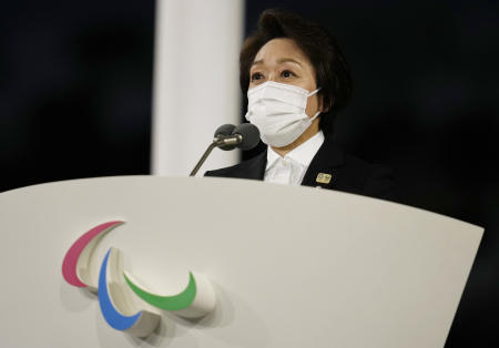 Seiko Hashimoto, President of the Tokyo 2020, speaks during the closing ceremony for the 2020 Paralympics at the National Stadium in Tokyo, Sunday, Sept. 5, 2021. (AP)
