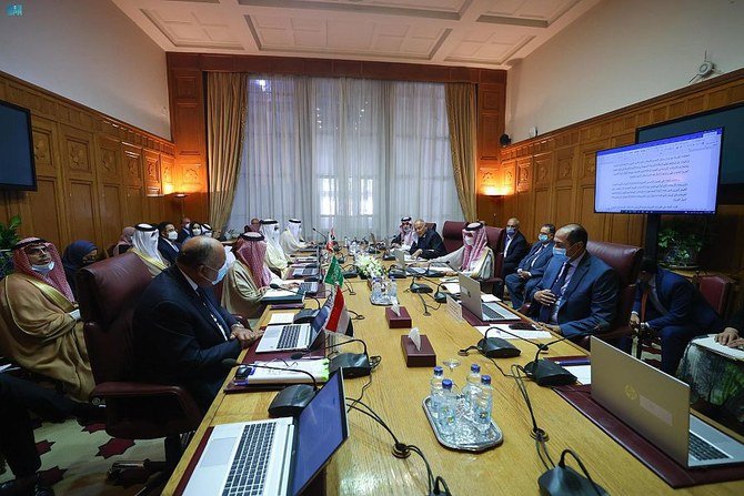 Arab ministers discuss stopping Tehran’s destabilizing policies that threaten global security and stability at the Arab League’s headquarters in Cairo. (SPA).
