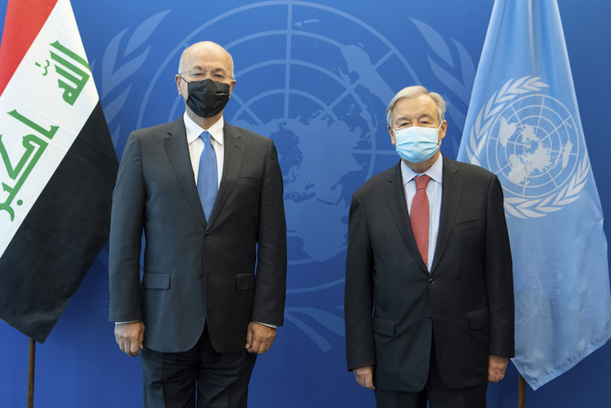 United Nations Secretary-General Antonio Guterres (R), and Barham Salih, President of the Republic of Iraq, meeting during the the 76th session of the UNGA. (AP)