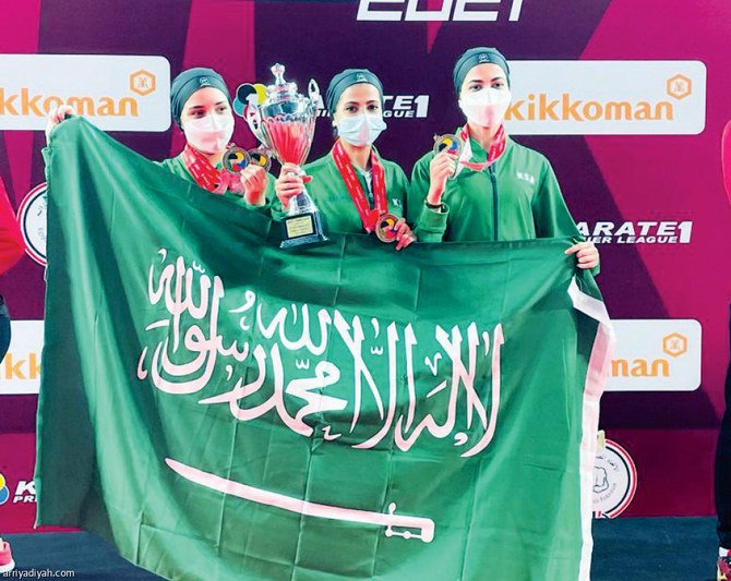 Saudi women's team celebrates winning third place at 2021 Karate 1 Premier League event in Cairo. (Arriyadiyah)