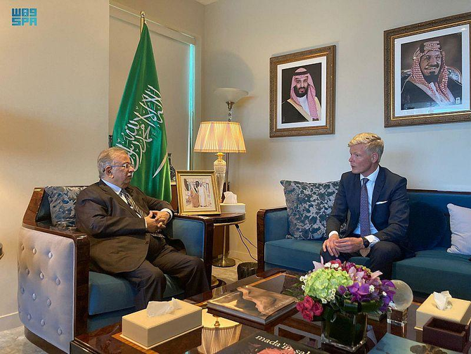 Saudi Arabia’s permanent representative to the UN discusses the latest developments in Yemen with the newly appointed UN special envoy to the country on Thursday. (SPA)