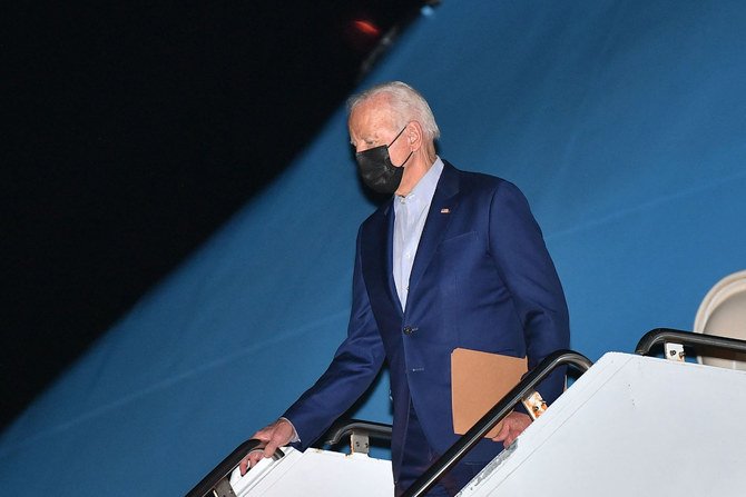 US President Joe Biden steps off Air Force One upon arrival in Philadelphia on Sept. 3, 2021. After surrendering to the Taliban, the US has lost its credibility to its Mideast allies. (AFP)