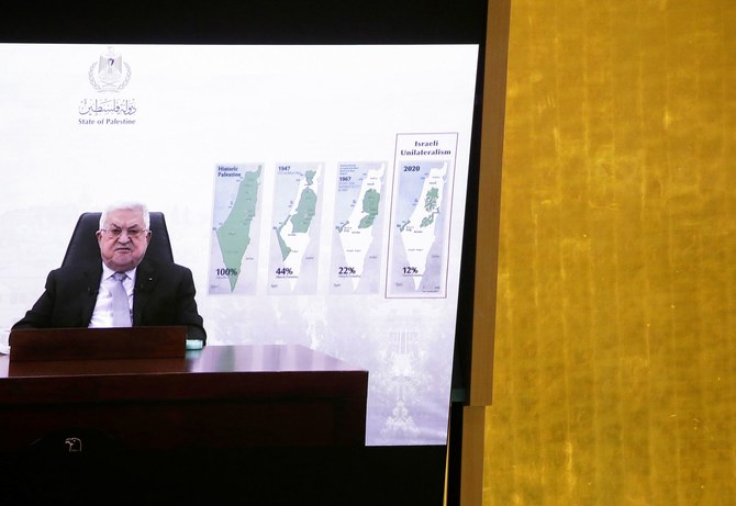 Palestinian President Mahmoud Abbas delivers a speech remotely at the UN General Assembly 76th session General Debate. (Reuters)