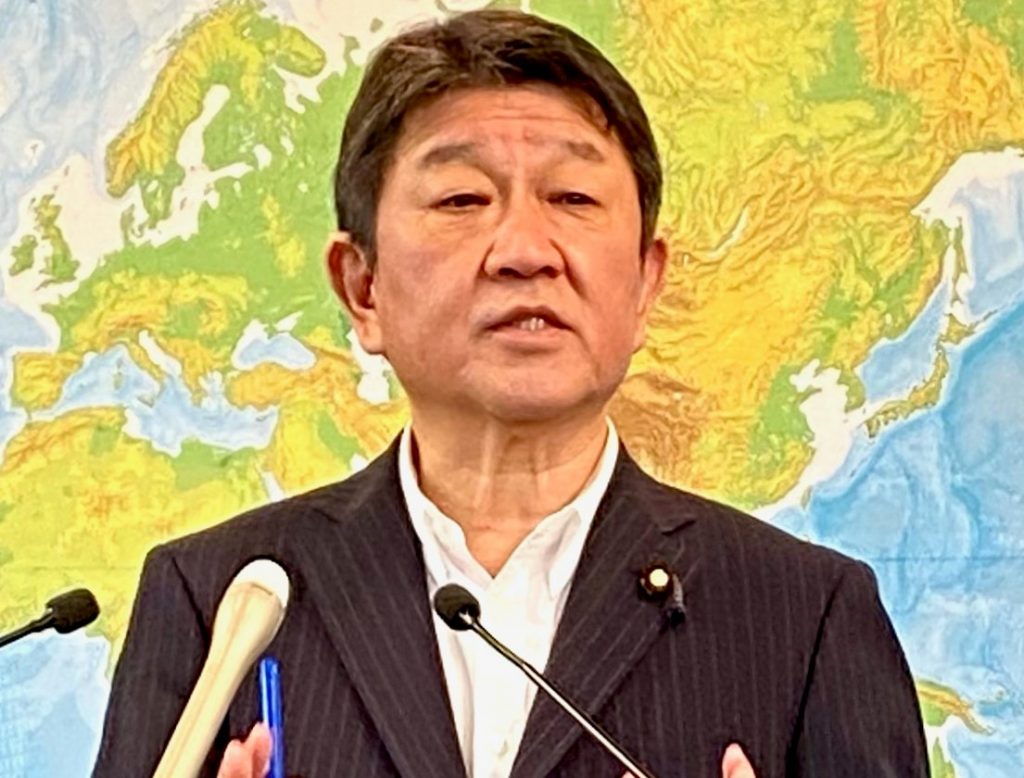 Foreign Minister Motegi at a press conference held at the foreign ministry in Tokyo. (ANJ Photo)