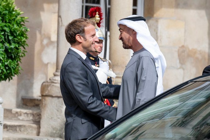 Abu Dhabi’s crown prince and France’s president meet in Paris on September 15, 2021. (@MohamedBinZayed)