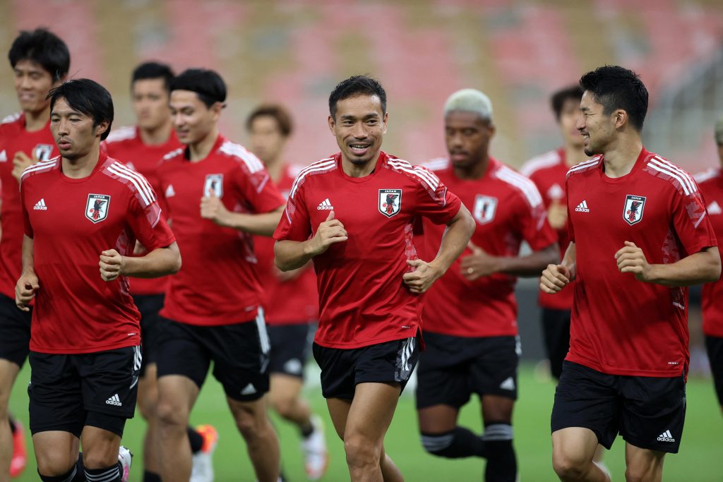 Japan's players attend a training session at King Abdullah Sport City Stadium in Jeddah on October 6, 2021, ahead of a FIFA World Cup Qatar 2022 qualifier football match against Saudi Arabia. (AFP)