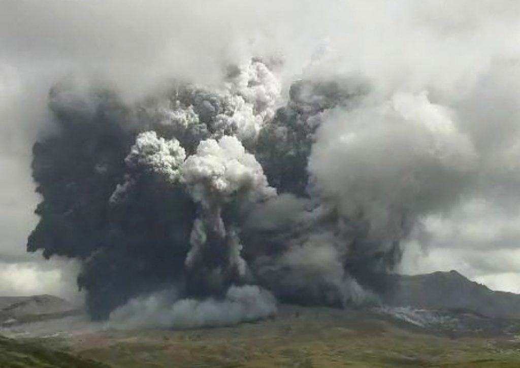 This screen grab picture taken from handout video received by Jiji Press and released by the Japan Meteorological Agency shows an eruption of Mount Aso in Kumamoto Prefecture, on Japan's southwestern island of Kyushu on October 20, 2021. (AFP)