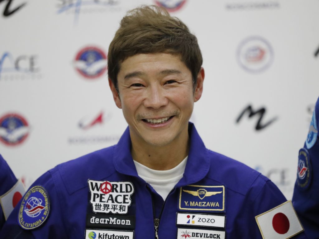 Space flight participant Yusaku Maezawa attends a news conference ahead of the expedition to the International Space Station at the Gagarin Cosmonauts' Training Center in Star City outside Moscow, Russia, Thursday, Oct. 14, 2021. (AP)