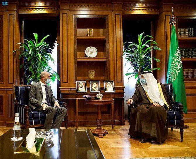 Saudi Arabian Foreign Minister Prince Faisal bin Farhan meets with US envoy to Iran Robert Malley in Riyadh on Wednesday, Oct. 20, 2021. (SPA)