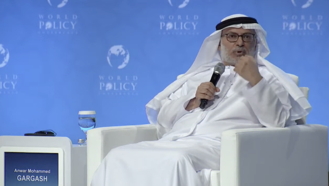Anwar Gargash, the UAE’s presidential diplomatic adviser and former ​minister of state for foreign affairs, was speaking at the World Policy Conference in Abu Dhabi. (Screenshot)