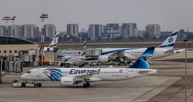 An EgyptAir Airbus 320 aircraft is seen on the tarmac at Ben Gurion International Airport in Lod, Israel, Sunday, Oct. 3, 2021. (AP)