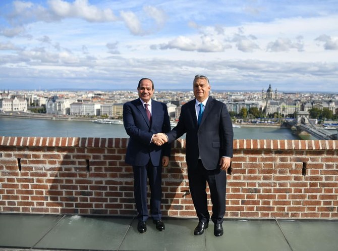 Egyptian President Abdel Fattah El-Sisi and Hungarian Prime Minister Viktor Orban shake hands in Budapest. (Spokesman of the Egyptian Presidency)