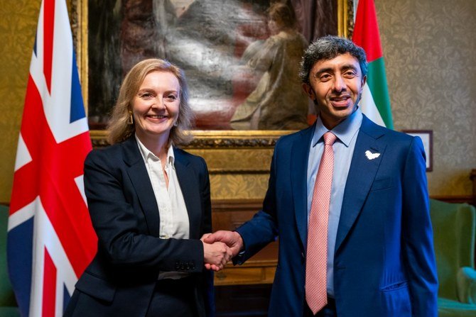 UAE Foreign Minister Sheikh Abdullah bin Zayed meets with British Foreign Secretary Liz Truss in London on Monday, Oct. 18, 2021. (WAM)