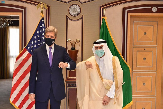 Saudi Arabian Minister of State for Foreign Affairs Adel Al-Jubeir meets with US envoy for climate John Kerry in Riyadh on Sunday, Oct. 24, 2021. (SPA)