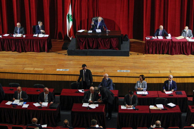 Lebanese Parliament Speaker Nabih Berri heads a parliamentary session at UNESCO Palace in Beirut, Lebanon October 28, 2021. (Reuters)