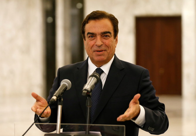Lebanon's Information Minister George Kordahi gestures as he speaks at the presidential palace in Baabda, Lebanon. (File/Reuters)