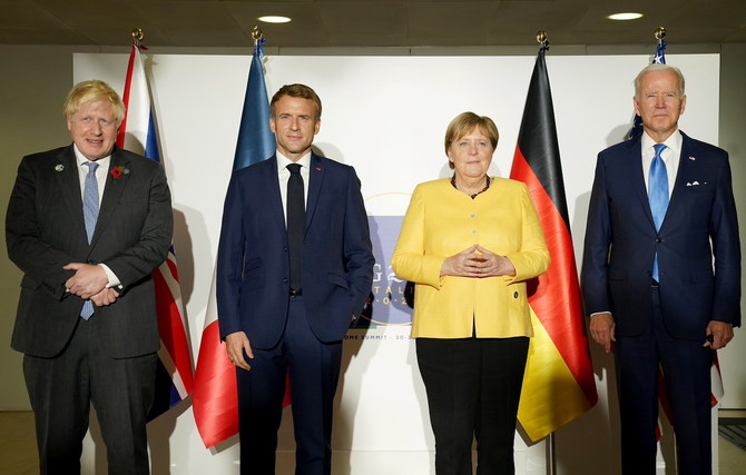 President Joe Biden, Chancellor Angela Merkel, PM Boris Johnson and President Emmanuel Macron pose after discussing Iran's nuclear program. (Reuters)