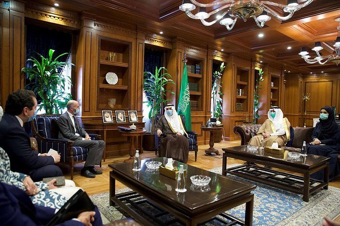 Saudi Arabian Foreign Minister Prince Faisal bin Farhan meets with US envoy to Iran Robert Malley in Riyadh on Wednesday, Oct. 20, 2021. (SPA)