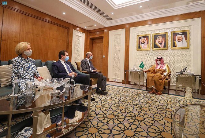 Saudi Arabian Foreign Minister Prince Faisal bin Farhan meets with US envoy to Iran Robert Malley in Riyadh on Wednesday, Oct. 20, 2021. (SPA)