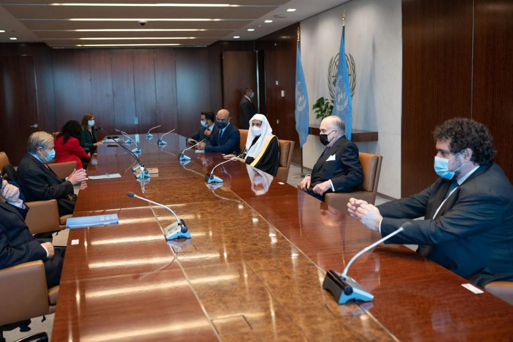 The United Nations Secretary-General Antonio Guterres received the Muslim World League (MWL) secretary-general, Sheikh Dr. Mohammed bin Abdul Karim Al-Issa, at the UN headquarters in New York. (Supplied)