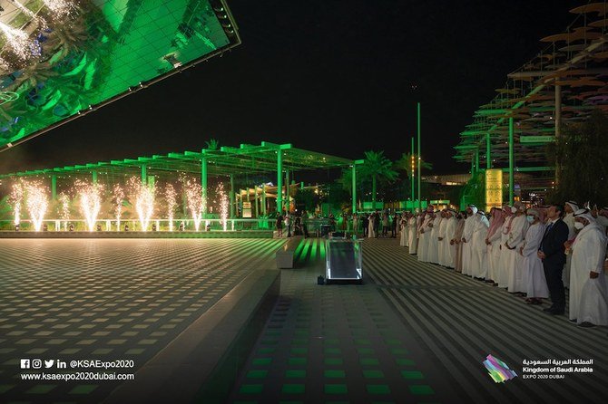 Saudi Ambassador to the UAE Turki bin Abdullah Al-Dakhil welcomed delegations and visitors to the pavilion on the first day of what he described as a “historical” event. (Twitter: @KSAExpo2020)