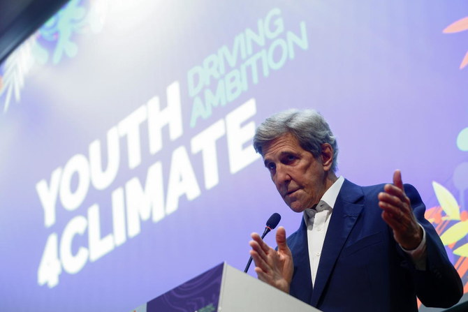 John Kerry, US Special Presidential Envoy for Climate, holds a news conference during the pre-COP26 climate meeting in Milan, Italy, October 2, 2021. (Reuters)