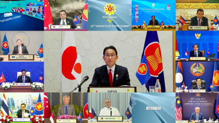Japan's Prime Minister Fumio Kishida speaks during the virtual ASEAN Plus Three Summit, hosted by ASEAN Summit Brunei, in Bandar Seri Begawan, Brunei October 27, 2021. (Reuters)