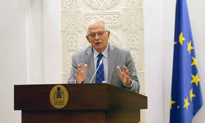 EU Foreign Affairs Chief Josep Borrell speaks at a press conference at the Ministry of Foreign Affairs in Riyadh. (AN photo/Meshaal Al-Qadeer)