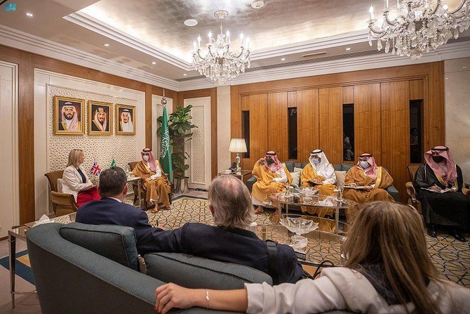 Saudi Arabia’s Foreign Minister Prince Faisal bin Farhan meets with his UK counterpart Liz Truss in Riyadh on Wednesday, Oct. 20, 2021. (SPA)