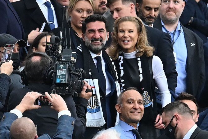 Newcastle United chairman Yasir Al-Rumayyan with part owner Amanda Staveley enjoying Newcastle's early advantage. (Reuters)
