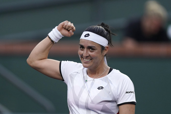 Ons Jabeur, of Tunisia, reacts to her win over Anett Kontaveit, of Estonia, at the BNP Paribas Open tennis tournament Thursday, Oct. 14, 2021, in Indian Wells, Calif. (AP)