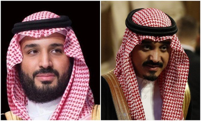 Saudi Crown Prince Mohammed bin Salman and the Saudi ambassador to the UK Prince Khalid bin Bandar bin Sultan. (File/SPA/AFP)