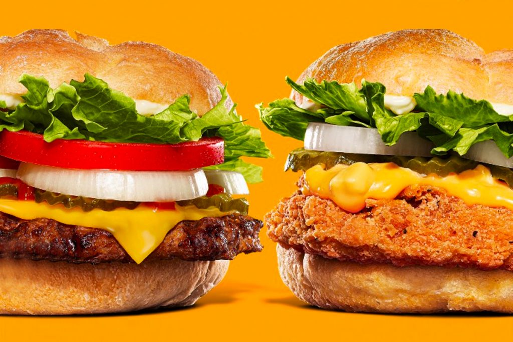 The latest beef and chicken burgers fall under the fast-food chain’s latest line made using a specific fermentation process, complemented by French fries topped with a sweet chocolate sauce—the three menu options launched on Oct. 22. (Burger King Japan