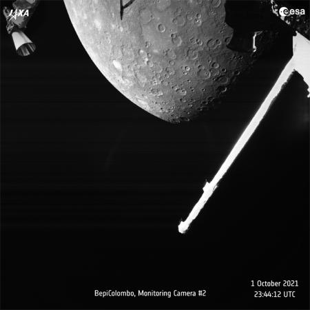 This image made available by the European Space Agency (ESA) shows planet Mercury taken by the joint European-Japanese BepiColombo spacecraft Mercury Transfer Module’s Monitoring Camera 2, Friday, Oct. 1, 2021. (AP)