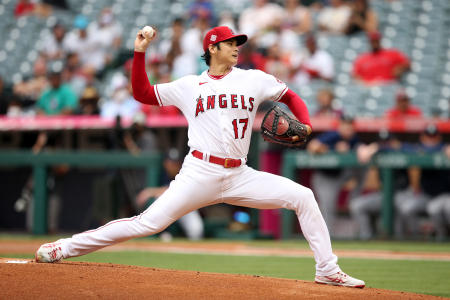 In this file photo taken on September 26, 2021 Shohei Ohtani #17 of the Los Angeles Angels throws a pitch during the first inning against the Seattle Mariners at Angel Stadium of Anaheim in Anaheim, California. (AFP)