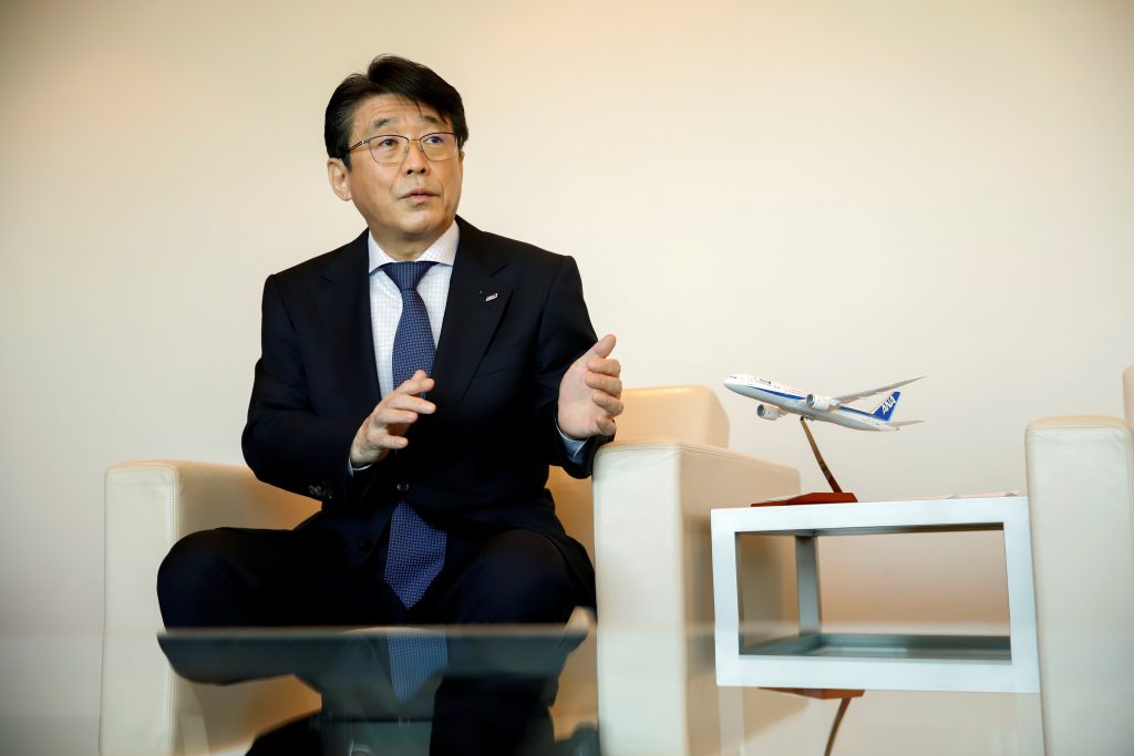All Nippon Airways (ANA) Holdings Inc. President and CEO Shinya Katanozaka speaks during an interview with Reuters at the company's headquarters in Tokyo, Japan, Nov. 11, 2021. (AFP)