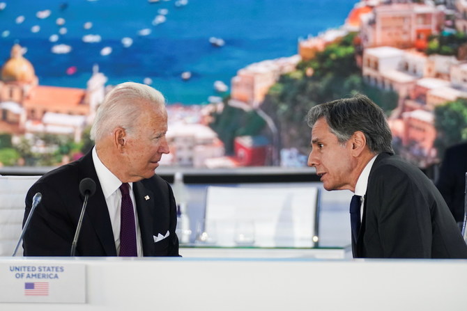 US Secretary of State Antony Blinken speaks with US President Joe Biden during an event held on the sidelines of the G20 leaders’ summit in Rome, Italy Oct. 31, 2021. (Reuters)